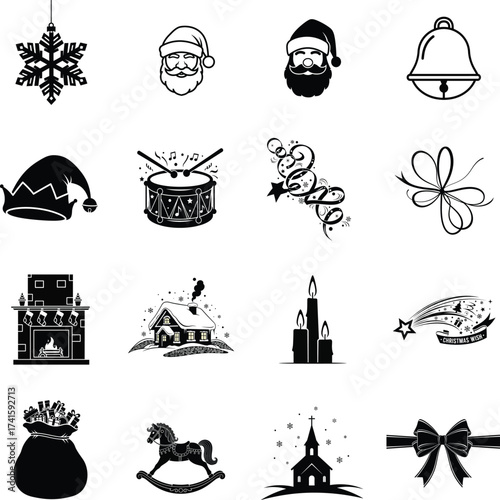 Christmas Opening Silhouette Icons Festive Symbols and Decorative Elements for Holiday Design