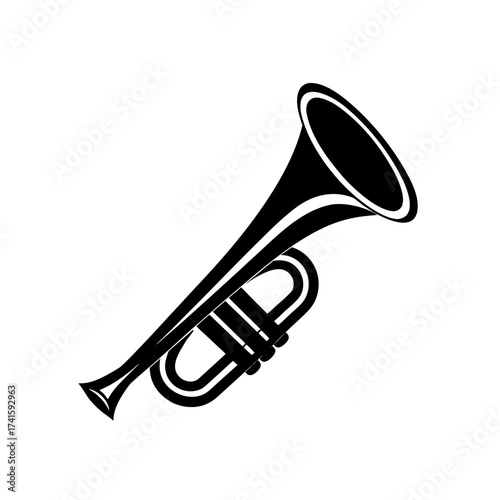 Illustration of a black musical trumpet on transparent background silhouette