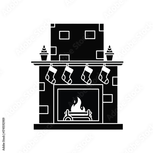 A heartwarming Christmas Opening Silhouette vector graphic featuring a festive fireplace with cozy glowing fire and decorative hanging stockings, perfect for holiday season designs and greeting cards