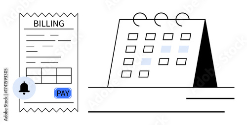 Billing document with payment due reminder and pay button next to a desk calendar. Ideal for finance management, scheduling, deadlines, planning, organization, payment, simple flat metaphor