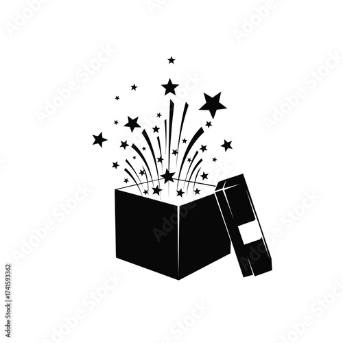 Christmas Opening Silhouette A Black and White Illustration of a Gift Box Releasing Stars and Fireworks