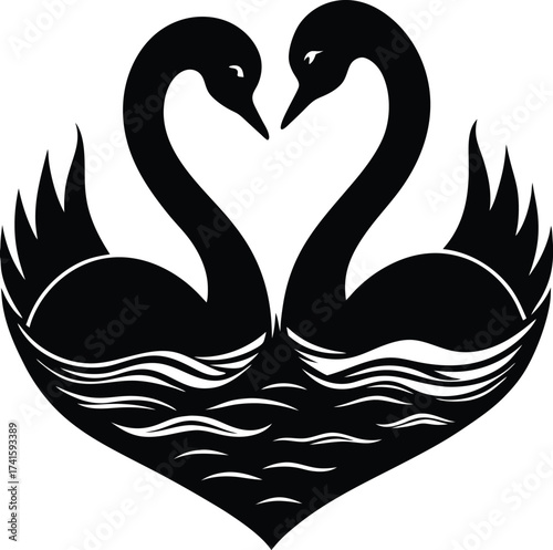 Swan silhouette with heart on water vector illustration