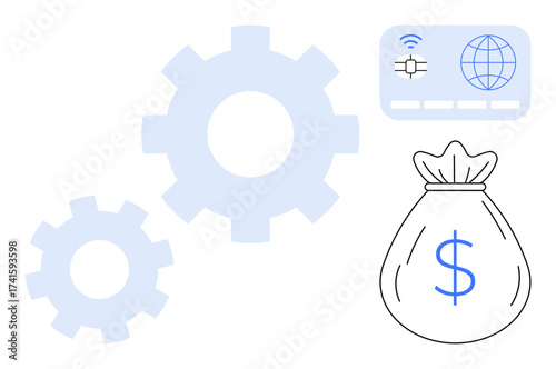 Gears, money bag with dollar sign, and digital interface panel suggesting finance, technology, workflow. Ideal for business, automation, profit fintech operations investment innovation. Simple