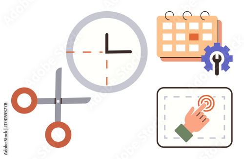 Scissors cutting clock, gear on calendar, hand tapping touchscreen. Ideal for time-saving, productivity, planning, decision-making, workflow automation efficiency. Simple flat metaphor