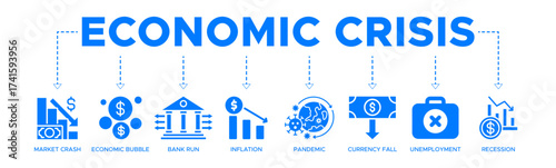 Economic crisis banner website icon vector illustration concept with icons of market crash, economic bubble, bank run, inflation, pandemic, currency fall, unemployment, recession