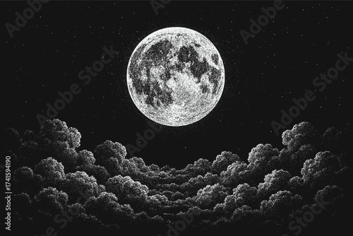Black and white dotwork illustration of the full moon surrounded by clouds, detailed stippling style night sky artwork with atmospheric celestial mood