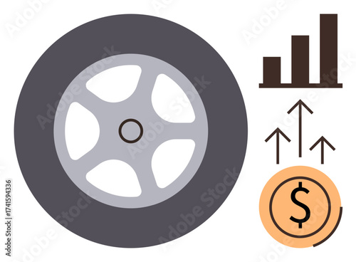 Large wheel alongside bar chart, upward arrows, and dollar sign symbolizing growth, financial success, mobility, and innovation. Ideal for transportation, finance, progress strategy economy