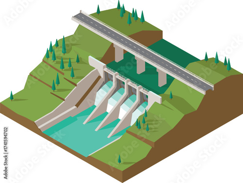 Isometric 3D illustration of hydroelectric power dam with flowing water, renewable energy generation, clean electricity production, sustainable green technology system