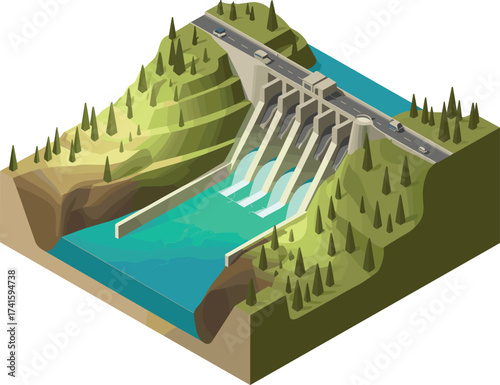 Isometric 3D illustration of hydroelectric power dam with flowing water, renewable energy generation, clean electricity production, sustainable green technology system