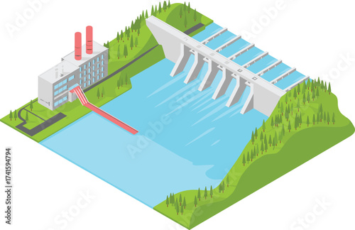 Isometric 3D illustration of hydroelectric power dam with flowing water, renewable energy generation, clean electricity production, sustainable green technology system