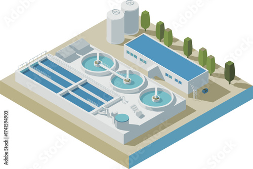 Isometric 3D illustration of modern wastewater treatment plant with filtration tanks, clean water recycling facility, sewage purification system, sustainable technology