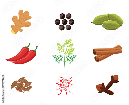Assorted Spices Collection Cartoon Vector Illustration

