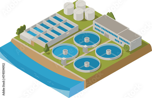 Isometric 3D illustration of modern wastewater treatment plant with filtration tanks, clean water recycling facility, sewage purification system, sustainable technology