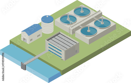 Isometric 3D illustration of modern wastewater treatment plant with water purification tanks, clean water facility, environmental sustainability, sewage processing system