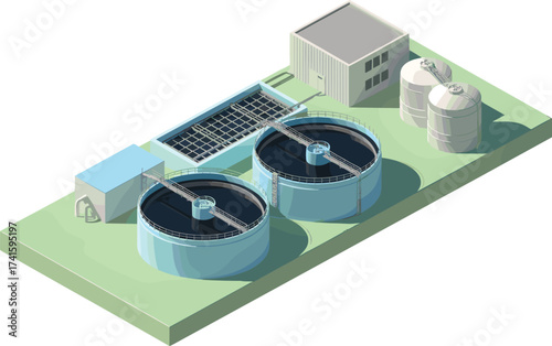 Isometric 3D illustration of modern water treatment plant with purification tanks, clean water recycling facility, sewage management system, sustainable technology