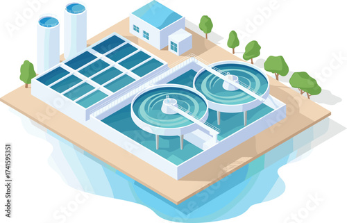 Isometric 3D illustration of wastewater treatment plant with purification tanks, clean water recycling facility, sewage processing system, sustainable environmental technology