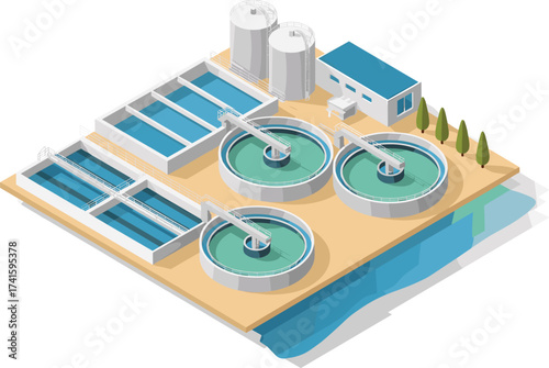 Isometric 3D illustration of wastewater treatment plant with purification tanks, clean water recycling facility, sewage processing system, sustainable environmental technology