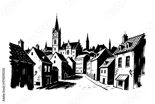 Black and white hand-drawn illustration of a European village street with church towers, vintage houses, on a white background, evoking nostalgia