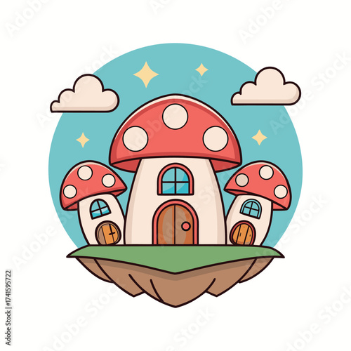 Whimsical mushroom house fantasy landscape with clouds and stars