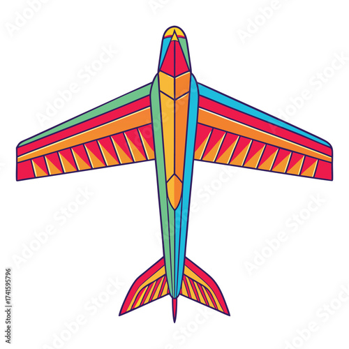 Vibrant airplane shaped kite soaring through the sky on a sunny day