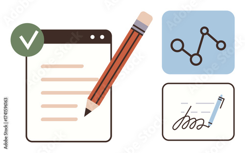 Notebook with checkmark signifies task completion, pencil for writing, analytics graph for data insights, digital signature for approval. Ideal for project management, productivity, validation
