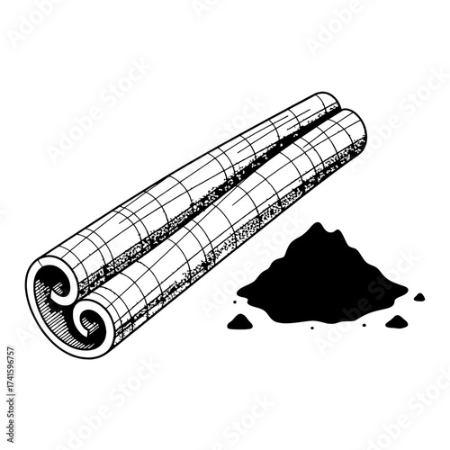 Aromatic Cinnamon Delights: A detailed illustration showcasing a fragrant cinnamon stick alongside a generous pile of its aromatic powder. The image captures the essence of this beloved spice.