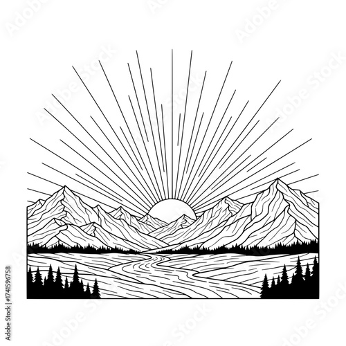 Mountain Sunburst Landscape: A mesmerizing minimalist illustration depicting a majestic mountain range basking in the radiant glow of a sunrise, evoking a sense of tranquility and awe.