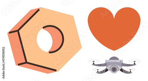 Heart shape, hexagonal nut, and quadcopter visualizing passion, innovation, mechanics, automation, technology, modernity and creativity. Ideal for engineering romance futuristic design simple
