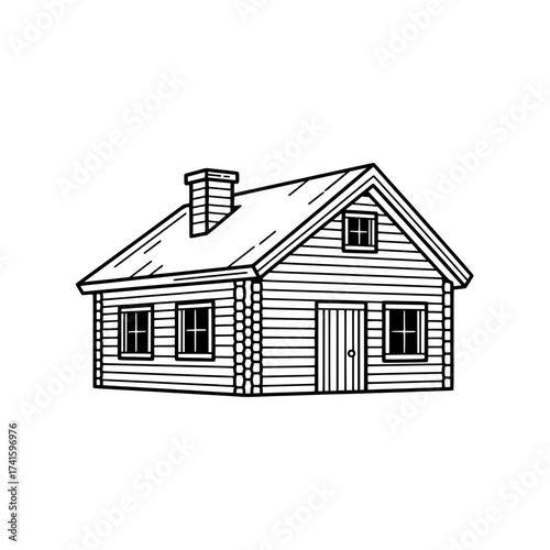 Cozy Cabin's Embrace: A quaint cabin illustration exudes warmth and simplicity, featuring clean lines and a classic gable roof. The inviting dwelling suggests comfort and tranquility.