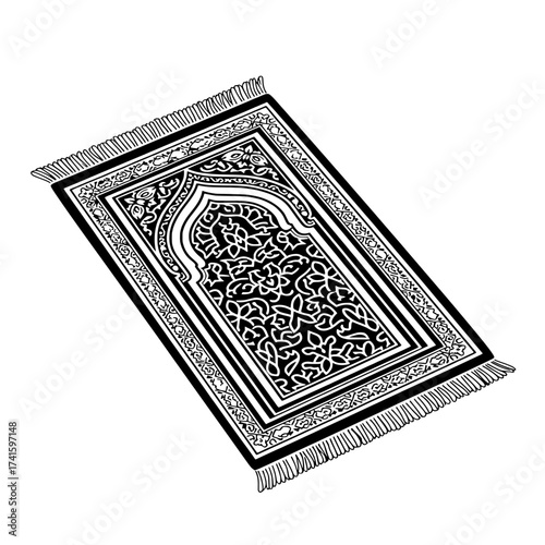 Intricate Prayer Rug Design: An elegant prayer rug, with ornate patterns, intricate designs, and an inviting texture, lies ready for serene reflection.