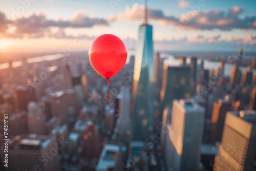 child's party balloon flying high above New York city and skyscrapers