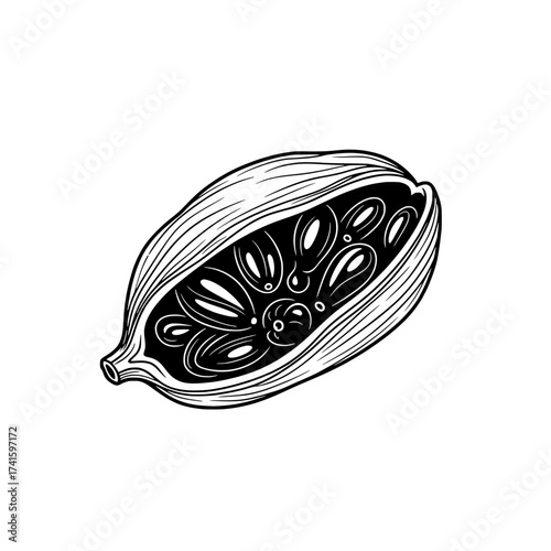 Cardamom Pod Detail: A meticulously rendered illustration of a cardamom pod, its delicate layers unfurling to reveal the rich, aromatic seeds within, inviting a sensory exploration.