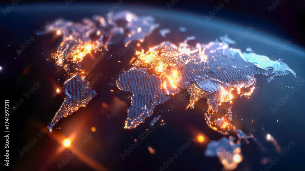 Fototapeta premium Abstract illuminated world map glowing with city lights, symbolizing global connection, technology, and international communication
