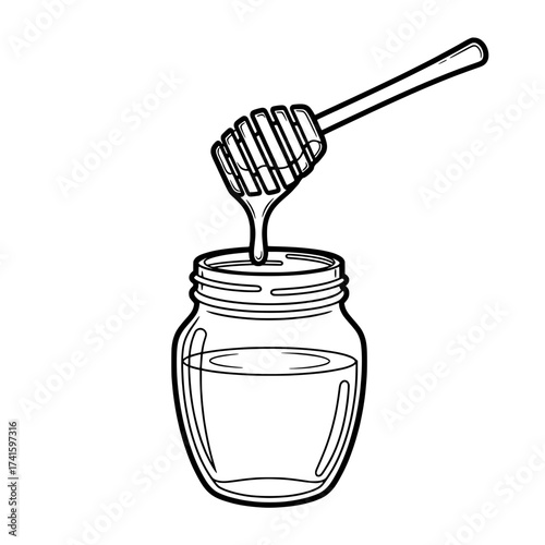 Sweet Nectar Illustration: A meticulously crafted illustration showcases a jar of honey with a honey dipper, capturing the essence of sweetness and the artistry of food illustration.