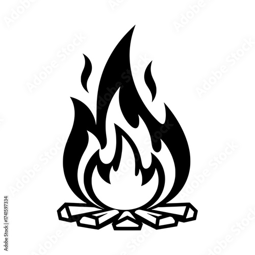 Burning Embers: A minimalist and artistic depiction of a crackling campfire, rendered in bold black and white.