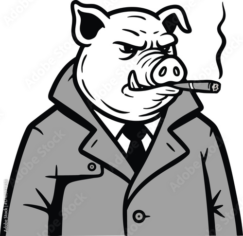 Pig character in trench coat smoking cigar vector illustration with serious expression for graphic design and storytelling 