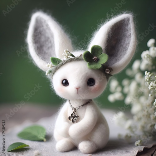 A fluffy white bunny-like creature with large expressive eyes sits serenely on a textured surface, adorned with a delicate flower crown featuring white blossoms and a prominent green clover. Felt art.