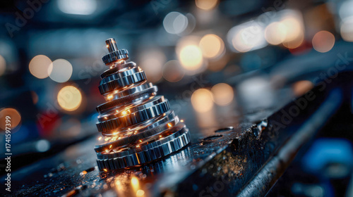 Artistic composition of metal gears arranged like a Christmas tree, glowing warmly in a workshop environment