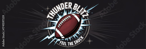 Dynamic American Football Logo with Lightning, Thunder Blitz, and Slogan Feel the Shock on Dark Background