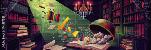 Magical Library Interior with Floating Books, Glowing Light, Antique Globe, and Surreal Mystical Fantasy Elements