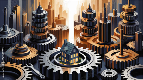 Conceptual illustration of house surrounded by gears and cogs, symbolizing real estate, industry, and technology integration