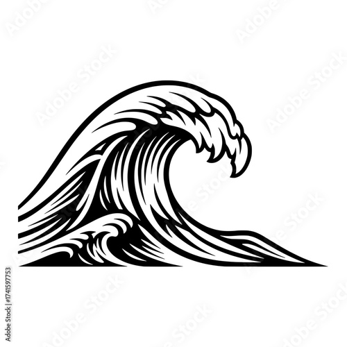 Monochrome Wave: Capturing the raw power and beauty of the ocean in a stunning black and white illustration, perfect for evoking a sense of strength and dynamic movement.
