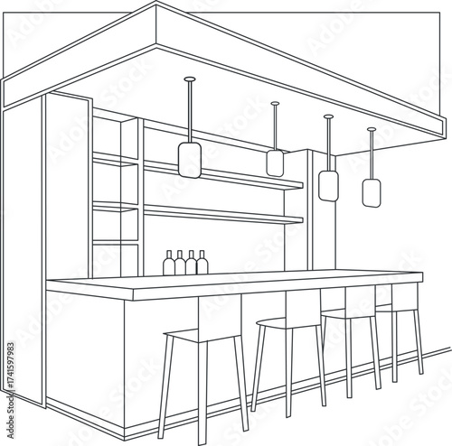Contemporary bar counter interior line art vector illustration