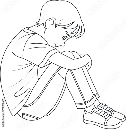 Sad boy sitting alone line art vector illustration