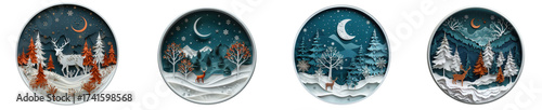 Four oval illustrations of a snowy forest scene at night with a crescent moon and stars, evoking a magical winter atmosphere isolated on transparent background