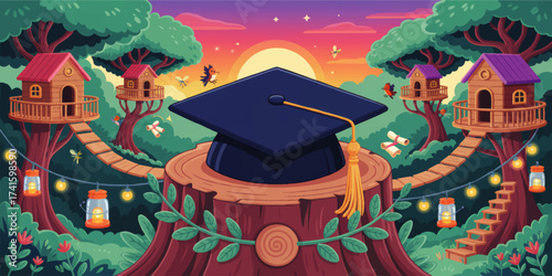 Whimsical Graduation Cap in Enchanted Forest With Treehouses, Lanterns, and Sunset – Cartoon Illustration for Education and Kids