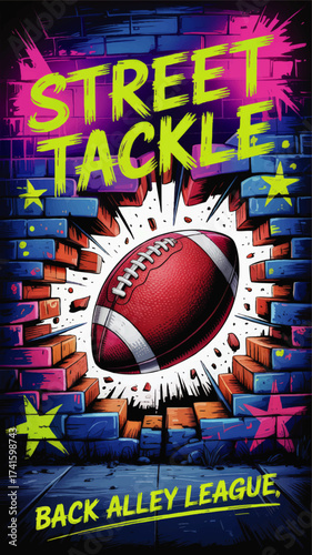 Vibrant Street Art Football Poster with Graffiti Wall, Exploding Bricks, and Urban Back Alley Sports Theme Illustration