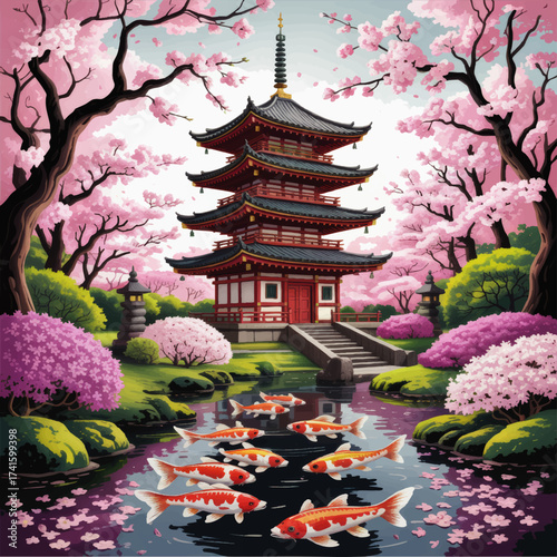 Tranquil Japanese Pagoda with Koi Pond and Sakura Cherry Blossoms in Bloom – Serene Spring Landscape Illustration