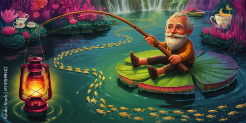 Whimsical Elderly Man Fishing on Lily Pad by Lantern Light, Magical Pond with Teacups, Golden Fish, and Waterfalls, Fantasy Illustration