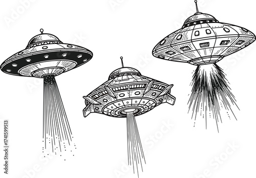 Three vintage style ufos or flying saucers in a sketch drawing style